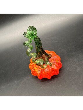 Art Glass Pumpkin Figurine Swirled Green Stem Fall Decor Handmade Thanksgiving